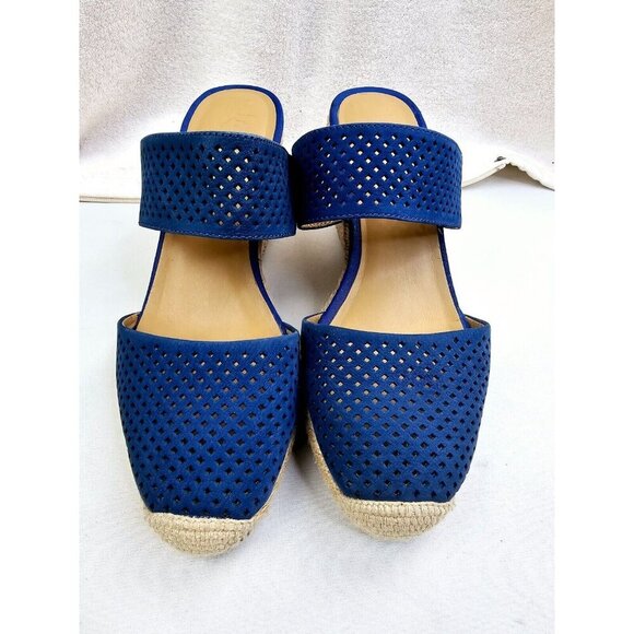 Franco Sarto Size 8.5 Women's Blue Slip On Ankle Strap Mint2 Wedge Straw Heel - Picture 1 of 14